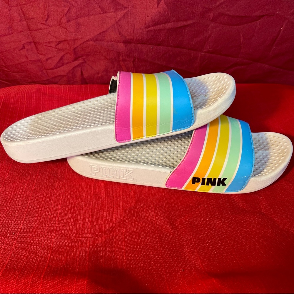 Victoria’s Secret Pink Single Strap Rainbow Striped Slip on Slide Shoes Size 8.5